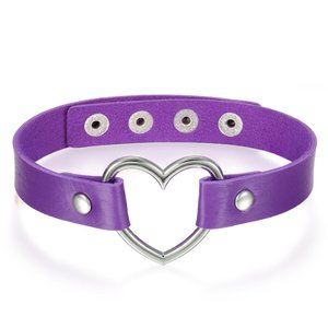 Choker Collar Necklace Punk Heart Purple Rivet PU Leather Goth Sexy Cosplay Rave